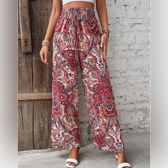 Paisley Print Wide Leg Pants Red - Picture 2 of 8